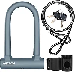 Trava de bicicleta – Trava em U para bicicleta resistente com cabo de aço de segurança de 1,5 m – Cadeados em U de bicicleta com manilha de 17 mm com chaves e suporte de montagem resistente para