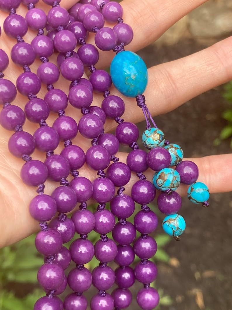 Mala de fosfosiderita con cuentas de piedra turquesa Kingman, collar 108 Mala, nudo, collar WWG, joyería de yoga, cuentas de meditación, joyería espiritual, joyería bohemia, 34inch,