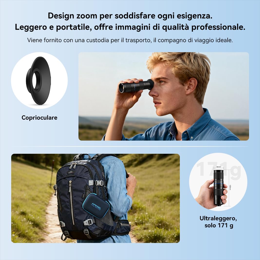 APEXEL Teleobiettivo Zoom Compatto 5x-10x per Cellulari con Clip Universale, Lente Multistrato Adatta per iPhone 17/16/15..., Samsung, Pixel e Altri Smartphone,Nero
