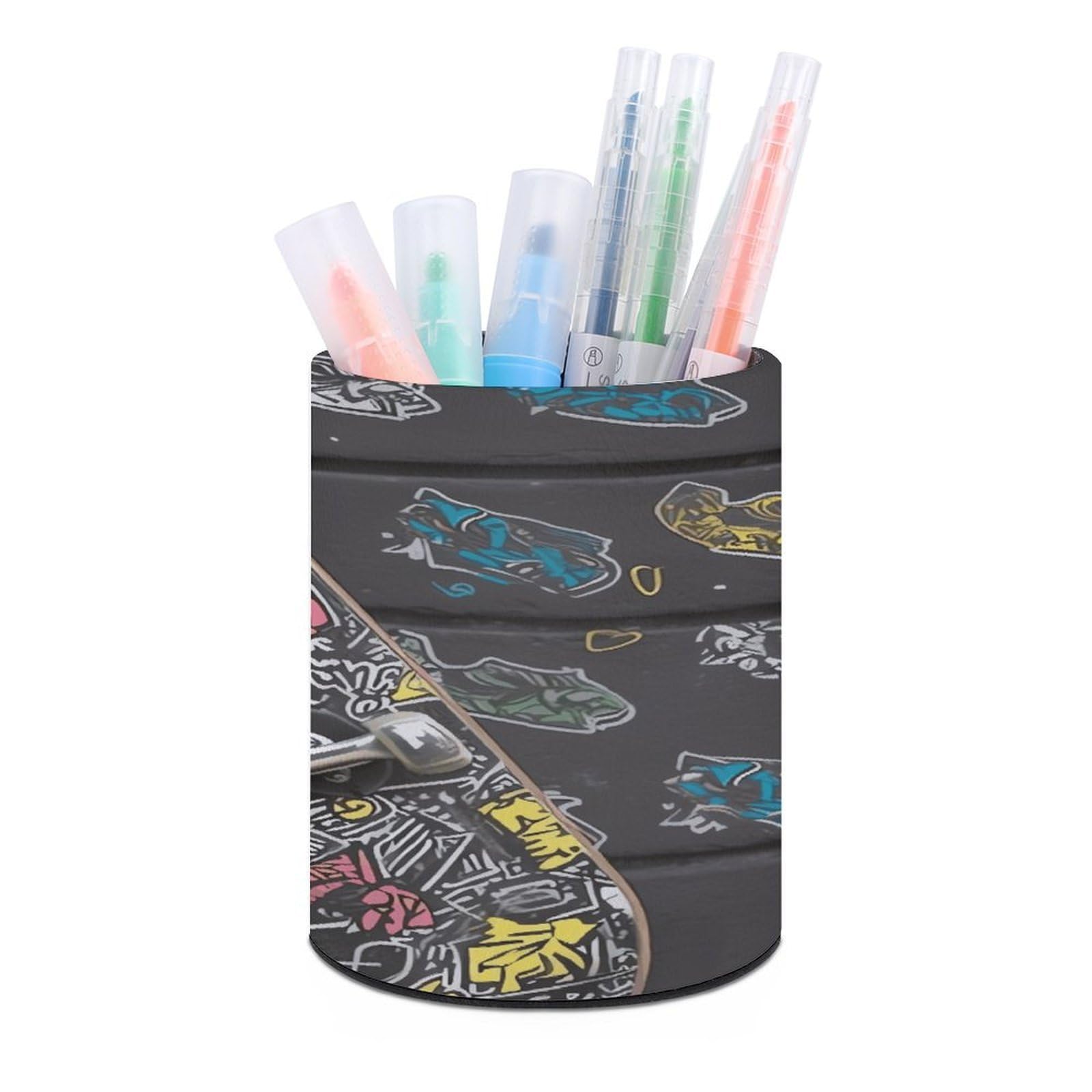 VstaDank Graffiti Skateboard Pen Holder PU Leather Pencil Cup Minimalist Desk Pencil Holder Round Make Up Brush Organizers For Office Dorm Room&Vanity Desk Accessories