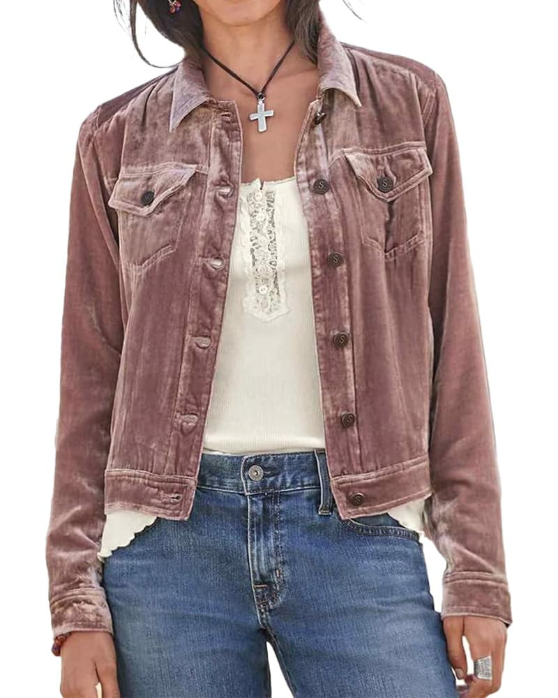 DEPENSL Womens Fall Velvet Cargo Jackets Casual Long Sleeve Button Down Cropped Jacket with Pockets Old Money Clothes 2025