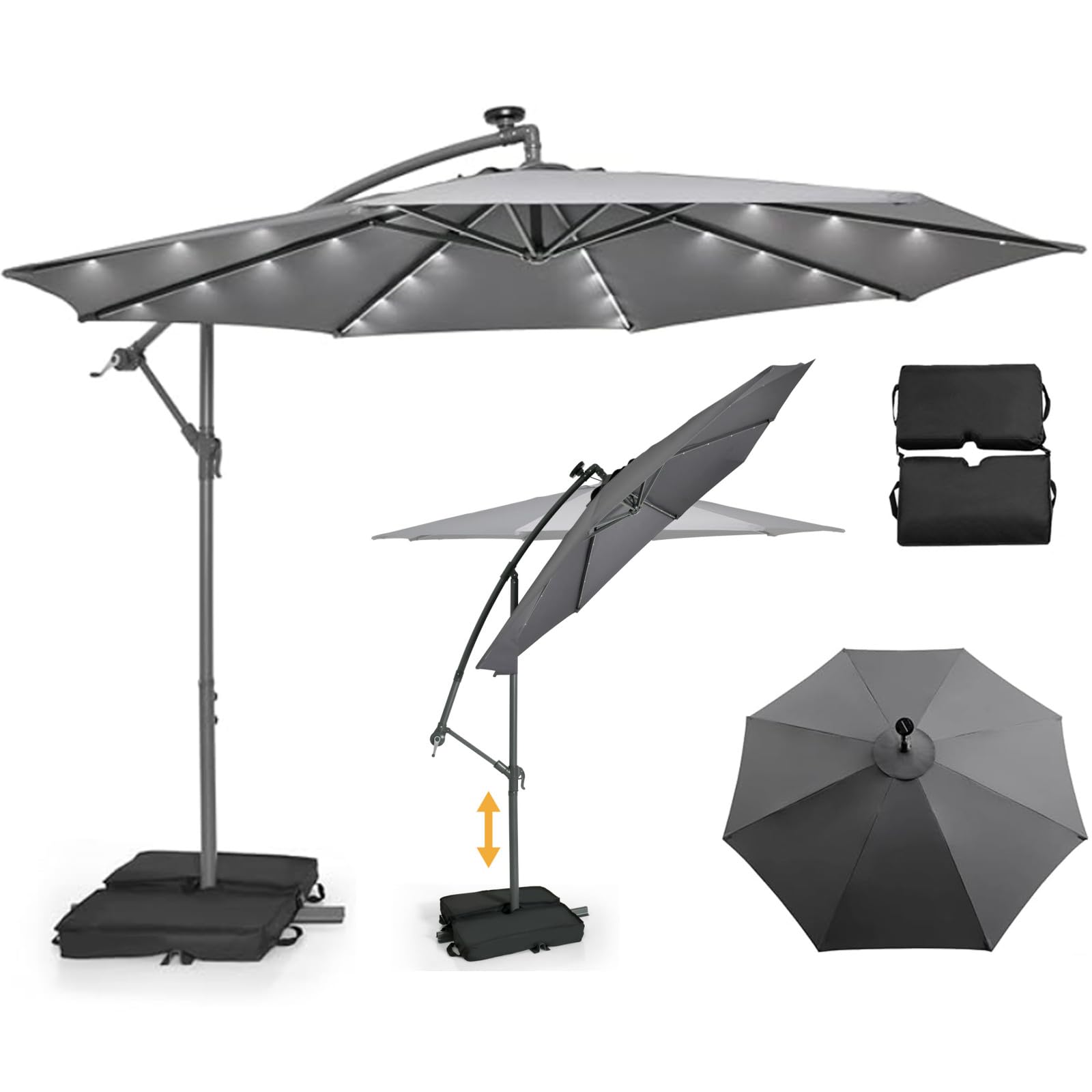 RELAX4LIFE Ampelschirm 300 cm mit 40 LED-Solar-Beleuchtung, Sonnenschirm Neigbar mit Kurbel, Kurbelschirm mit Ständer Sandsäcke(2 x Beutel befüllbar), Gartenschirm UV-Schutz (Dunkelgrau)
