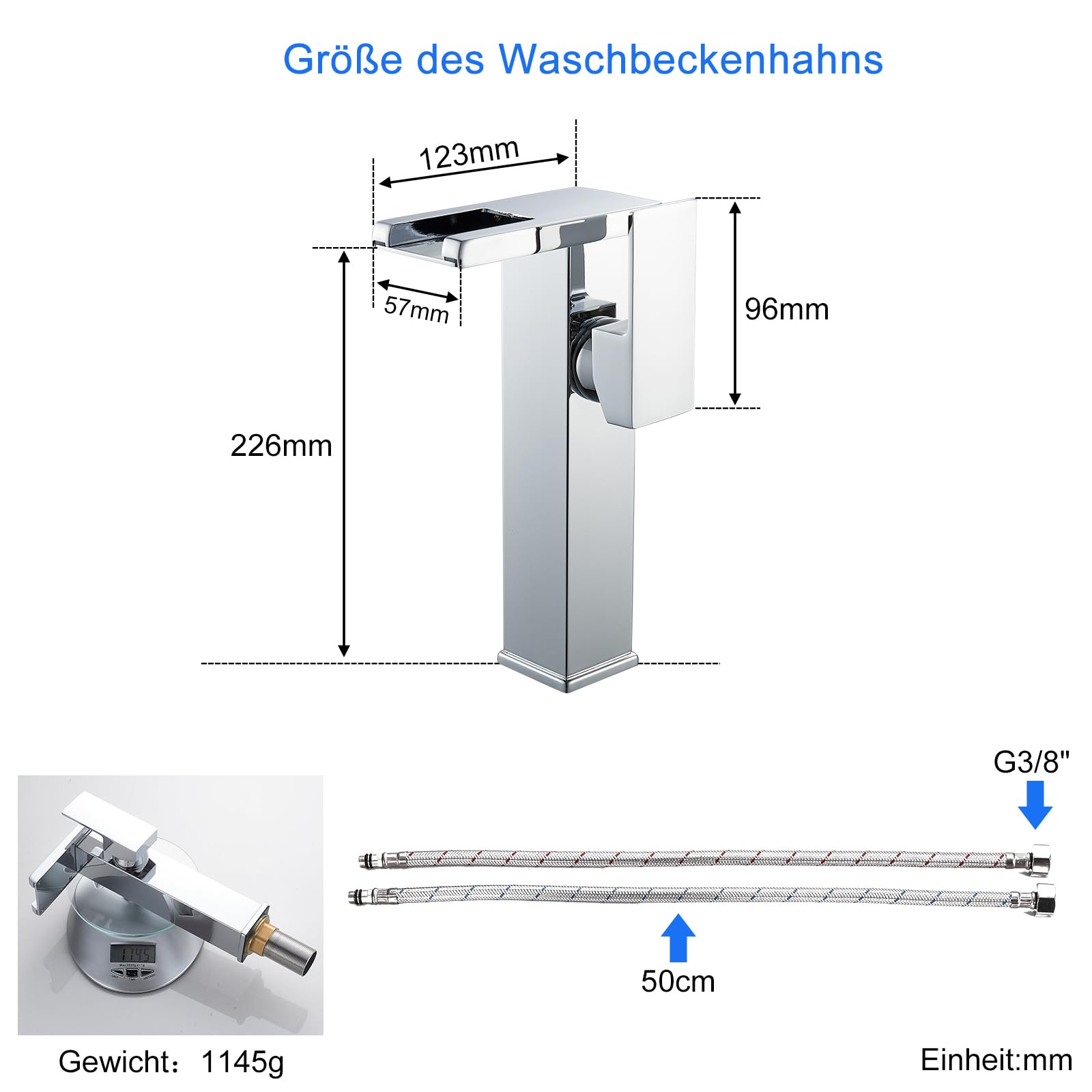 Wasserhahn Bad LED(keine Batterie erforderlich), KEOKBON Hoch Wasserfall Waschtischarmatur Armaturen mit Auslaufhöhe von 226 MM High, Einhebelmischer Mischbatterie für Waschbecken im Bad, Chrom
