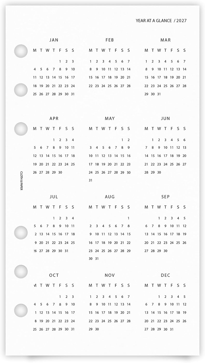 Cloth & Paper 2027 Year At A Glance Dashboard | Personal Size | Monday Start Full Year Calendar | Translucent Vellum Planner Insert | Pre-Punched 6 Ring Dashboard for Yearly Planning & Organization