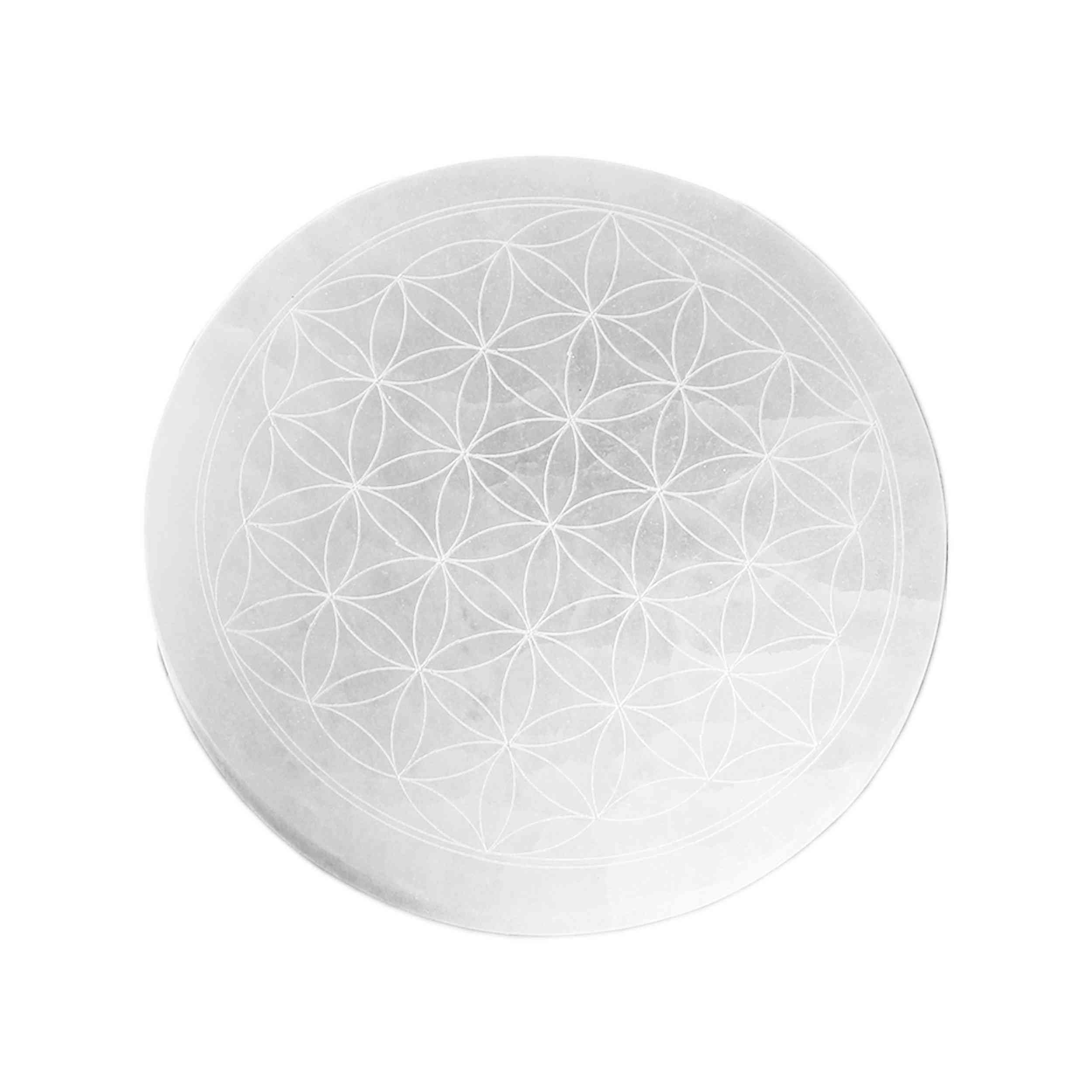 NKlaus Piastra Energetica Rotonda in Selenite Ø 14,5 cm – Incisa con Fiore della Vita per Ricaricare Cristalli, Pietre e Gioielli – Decorazione Spirituale per Chakra, Reiki e Meditazione