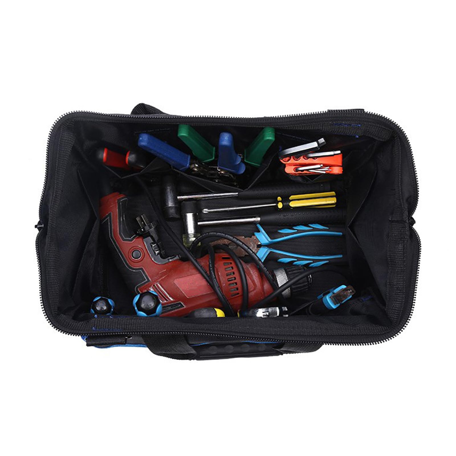 Borsa per attrezzi resistente con fondo rigido impermeabile, ampia apertura per elettricista, carpentiere, meccanico, con molte tasche (Blu, 21/29/40 cm)