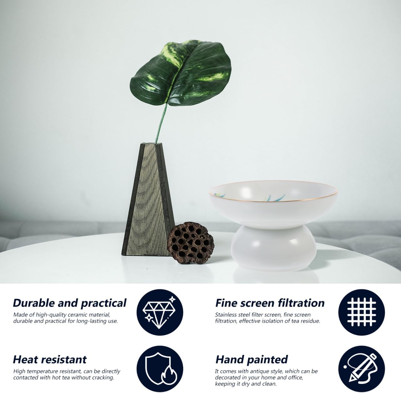 DOITOOL Porcelain Ceramic Tea Strainer Filter Colander with Support Stand Holder Chinese Kongfu Tea Ceremony Utensils Set (Style 2)