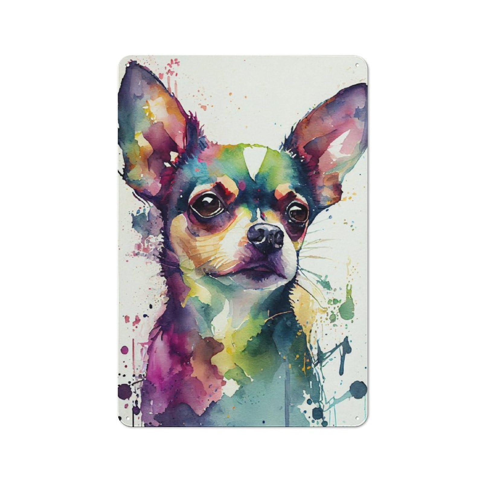 Junmoney Chihuahua Watercolor Rustic Metal Sign 30X20cm Featuring For Hallway Wall, For Collectors Decorating Hallways And Entrance Areas