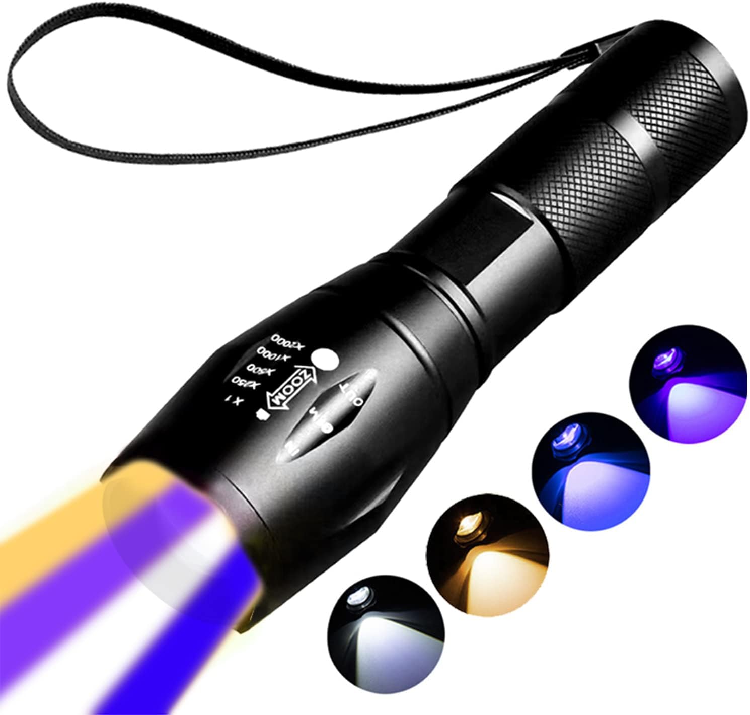 Rechargeable Multi Function Flashlights – 4 Color Lights, Black Light UV Flashlights, Blood Tracking Light for Hunting，4 Modes. LED UV Black Lamp and Blue Light and White and Yellow Lights.