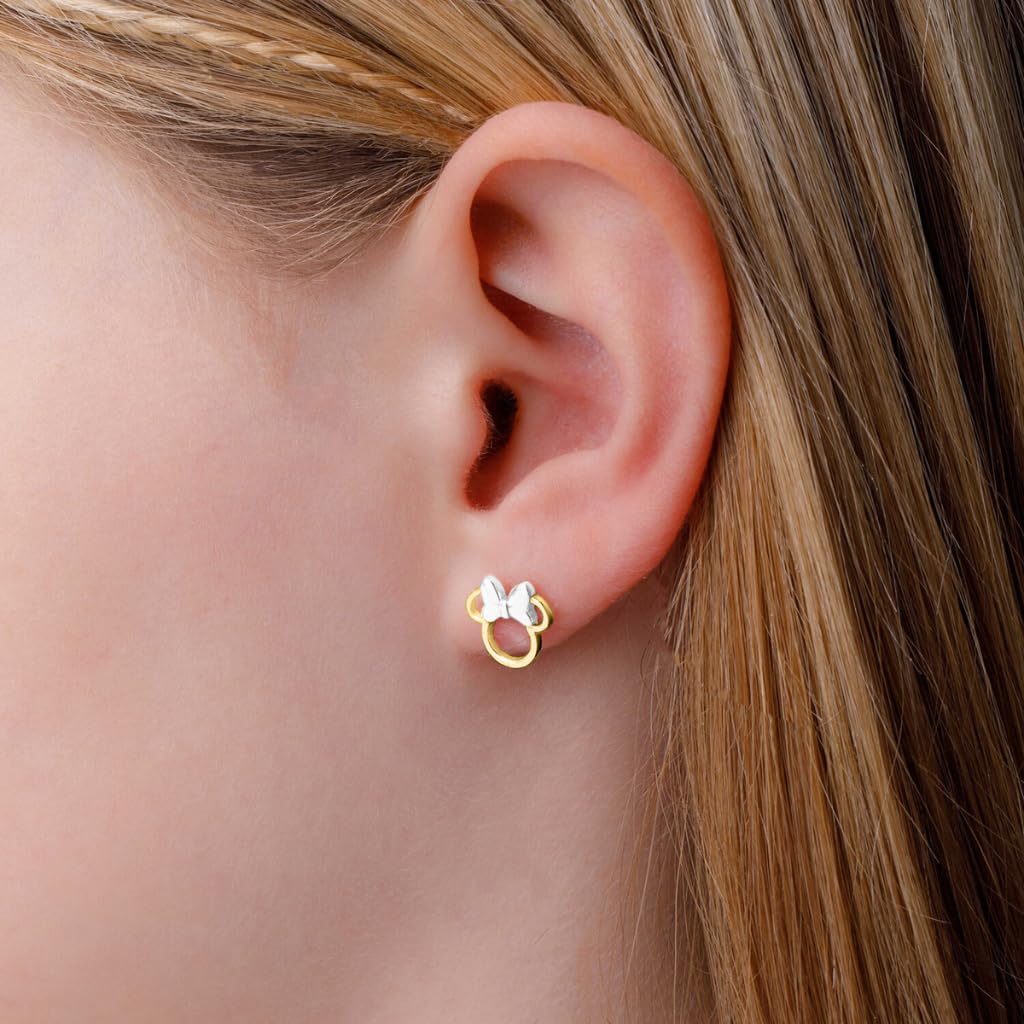 Disney Pendientes de Botón Minnie Mouse en Plata de Ley 925 con Baño de Oro Amarillo y Lazo Bicolor, Pendientes de Silueta Calada para Mujeres y Niñas, Caja de Regalo, Joyas Oficiales Disney