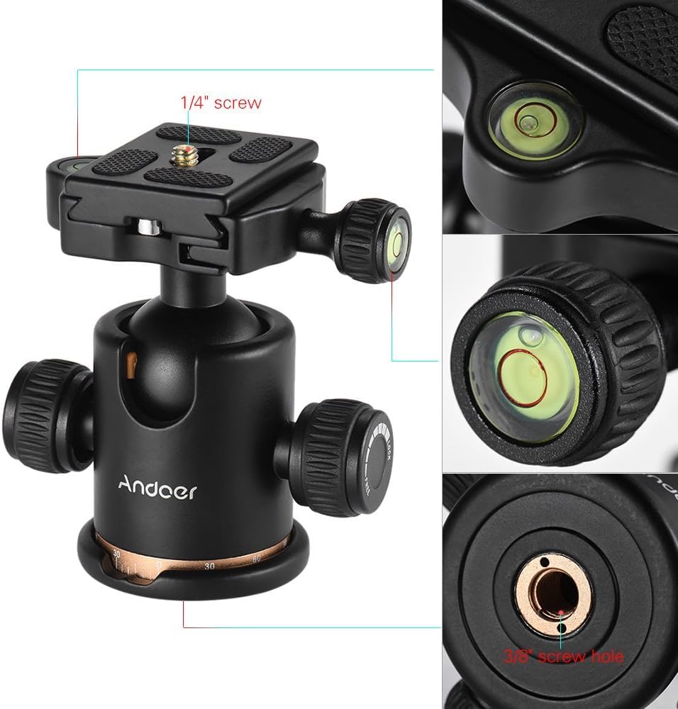 Andoer Testa Sfera Fotografica Snodo Cavalletto Testa Per Cavalletto Girevole A 360° Testa per Treppiede con Piastra a Sgancio Rapido Vite da 1/4'' Treppiede per Treppiede Monopiede Fotocamere DSLR
