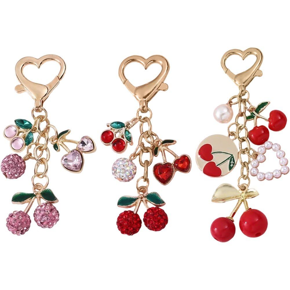 Sslvya 3 Pcs Rhinestone Cherry Keychain Purse Charm Sparkling Fruit Cherry Bag Charms Keychain Pendant Handbag Car Key Accessories