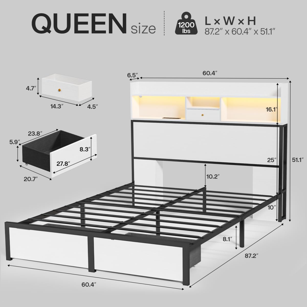 Queen Bed Frame with Tall Headboard and LED Lights, 51.2" Bookcase Bed Frame Queen Size with Storage Drawers and Charging Station, Platform Metal Bed Frames No Box Spring Needed, Antique White