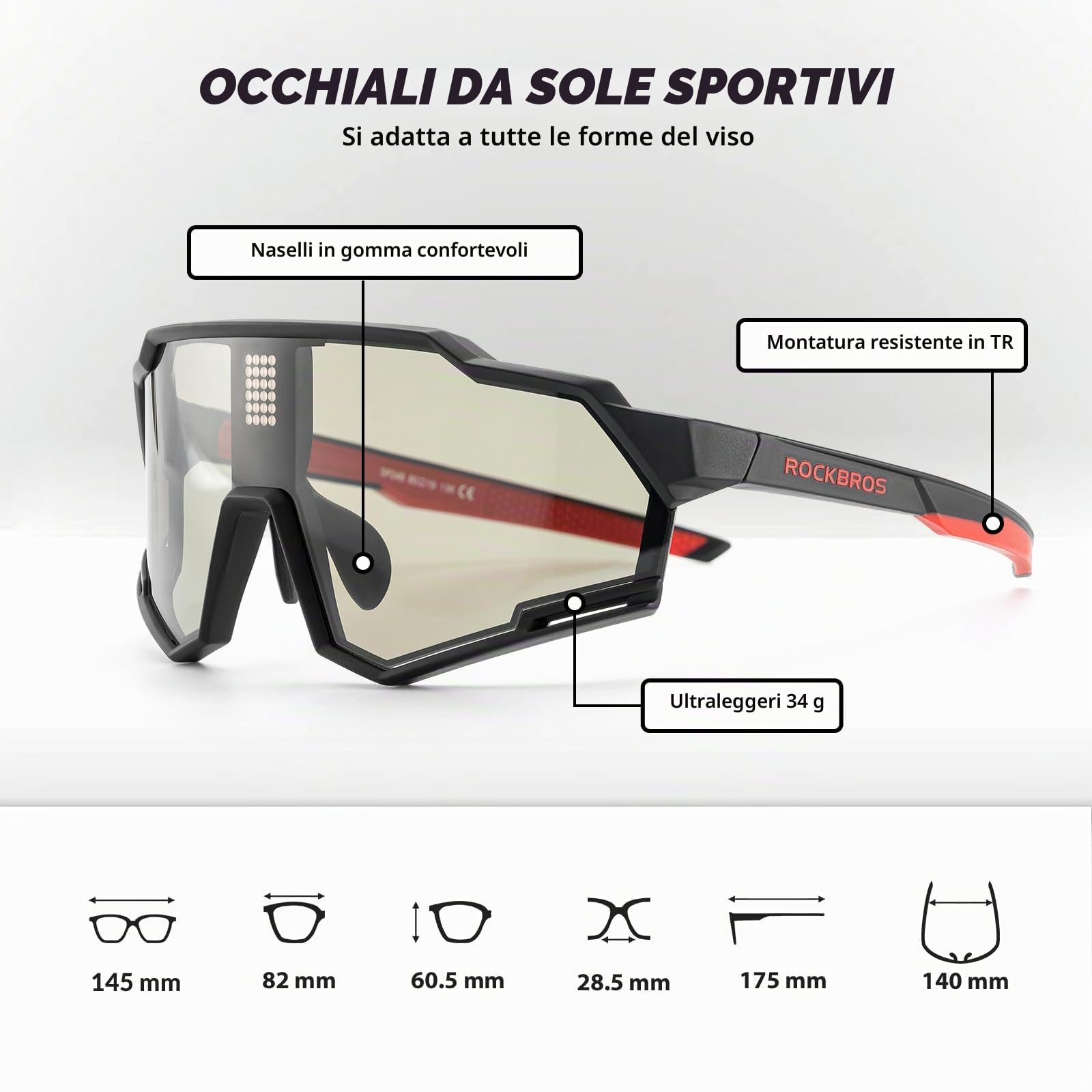 ROCKBROS Occhiali Ciclismo da Sole Uomo Donna, Occhiali Sportivi Fotocromatici+Polarizzati per Bici MTB, con Chip Fotosensibile, Protezione UV 400, Montatura TR90