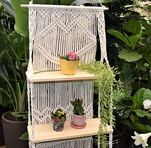Macrame Wall Hanging Shelf-Ideal Décor-Plants Storage Bookshelf-Bohemian Decorative Shelves-Boho Floating Indoor Shelving–For Bedroom Kitchen Bathroom Room With Window Plant Hanger 3 Tier Heart #TOP4