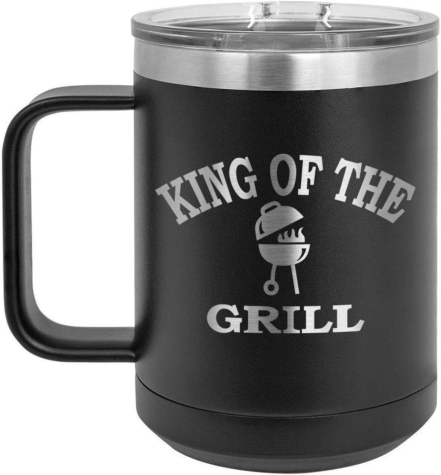 King Of The Grill GREEN 15 oz Coffee Cup w/Slide Top Lid | Insulated Travel Coffee Mug | BBQ & Grilling Gift Idea For Men Who Have Everything, Dad & Grandpa | Compare To Yeti Rambler | ONLYGIFTS.COM
