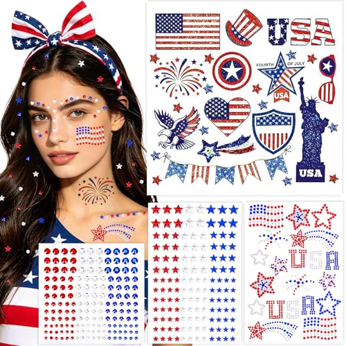 4th of July Face Gems - USA Face Stickers with Red White and Blue Self-Adhesive Star Rhinestone Patriotic Temporary Tattoos Fourth of July Accessories for Women Independence Day 250th Party