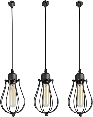 Kiven H-System - Lámpara colgante de pista, estilo retro, diseño de loft vintage, lámpara de techo colgante de jaula de cesta negra, accesorio de