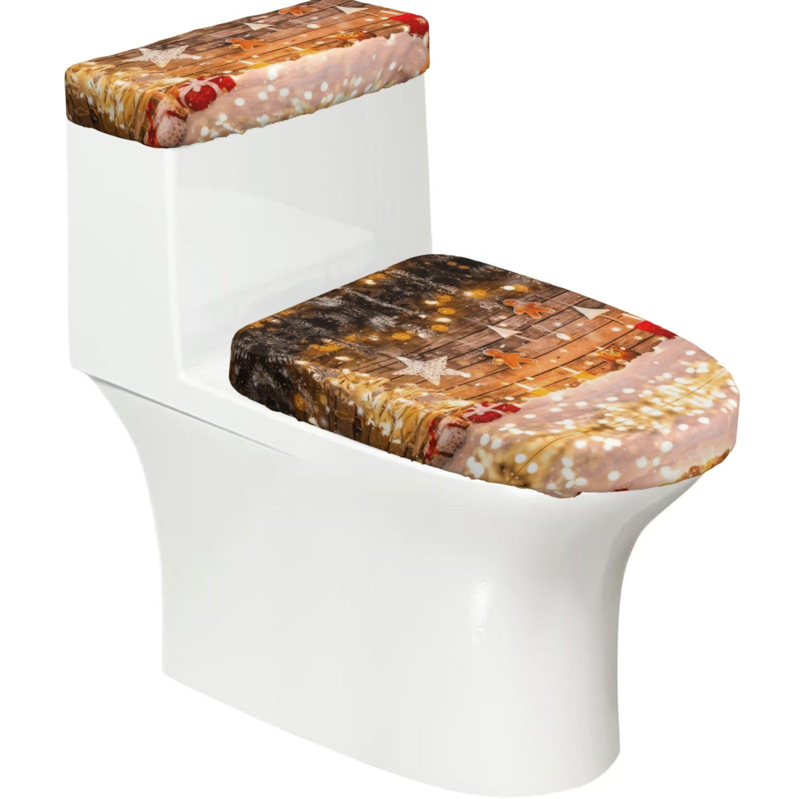 Christmas Trees Candles 2-Piece Toilet Seat Cover Set with Tank Lid - Elastic for U-Shape & Elongated - Bathroom Decor