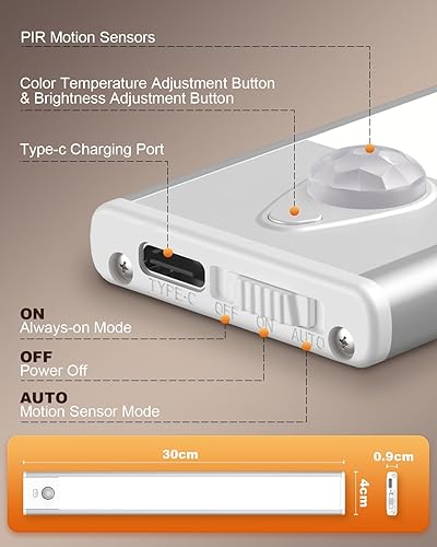 Miniatura 5 de Luces para debajo del gabinete, paquete de 2 luces con sensor de movimiento con 3 colores de temperatura amarilloblanco, batería de 1000 mAh, luz
