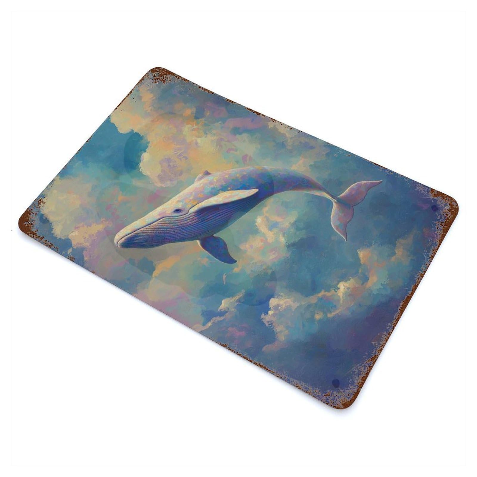 Whale in The Sky Painting Vintage Wall Sign 11.8"x7.9", Rust Effect Metal Decor for Basement, Hobby Room And Garage Decor