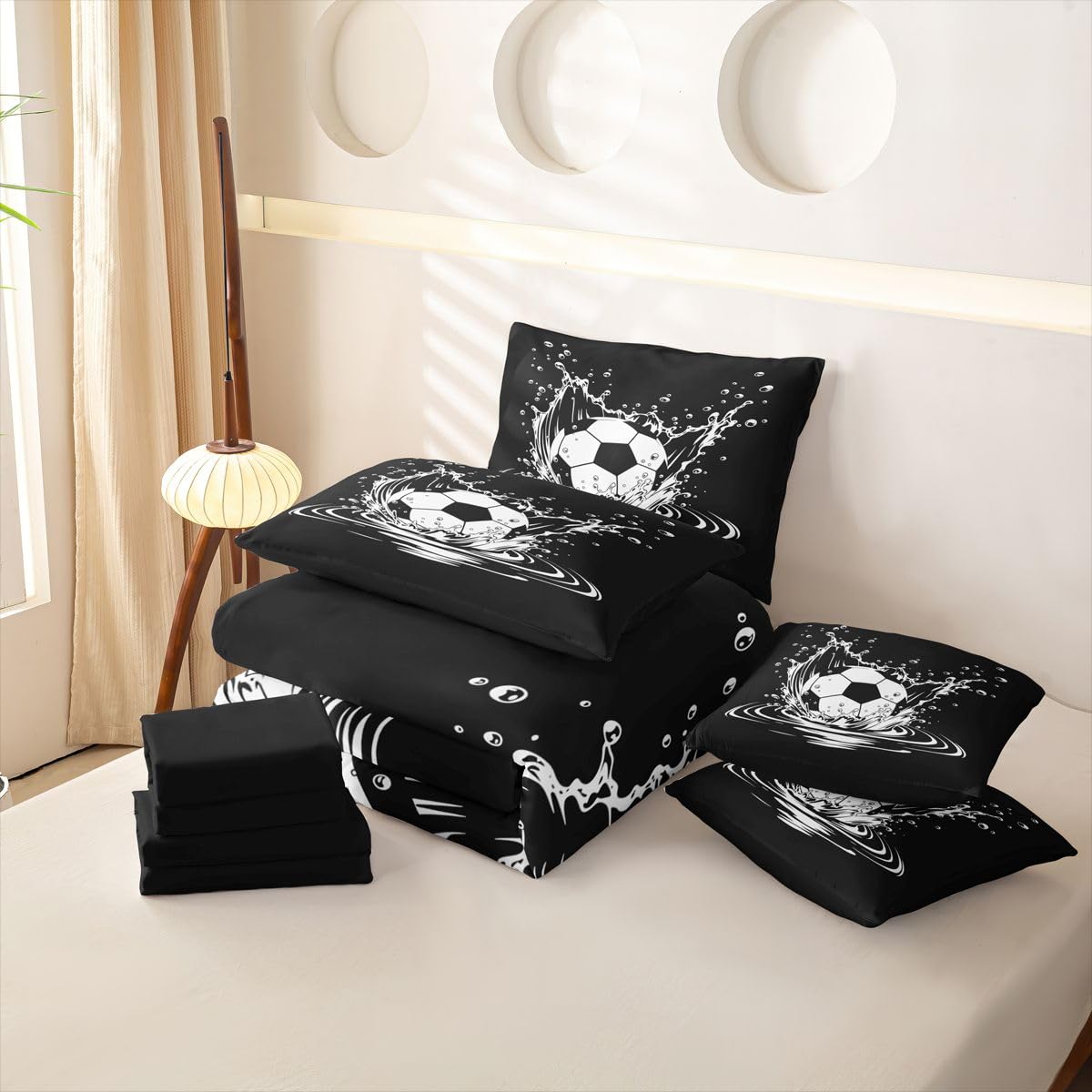 Loussiesd Juego de ropa de cama de 7 piezas para niños y niñas, juego de ropa de cama con funda de edredón, sábanas, fundas de almohada, fundas de cojín, tamaño doble, diseño de fútbol