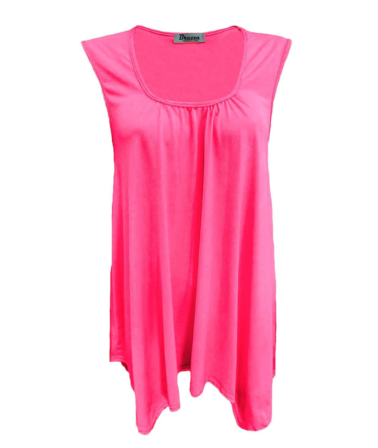 Purple Hanger Women's Neon Pink Sleeveless Stretch Gathered Round Neck Uneven Hem Long Vest T-Shirt Top (As8, Numeric, Numeric_16, Numeric_18, Regular, Regular, )