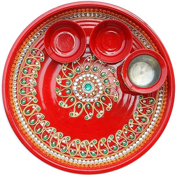 Diwali Pooja Thali with Kalash Platter Decorative Indian Traditional Diwali Decor Kit Steel Puja Thali with Essential Pooja Articles for Aarti Diwali Rituals Festival Decorations & Gifting (Size- 9") - Image 3
