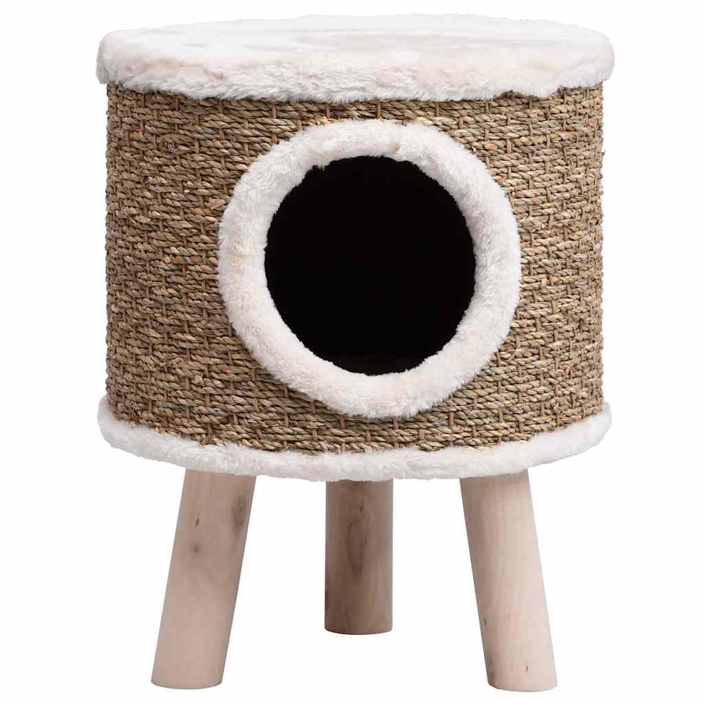 Panier en Osier, Corbeille Niche Maison Lit pour Chat avec Pieds en Bois 41 cm Herbiers Marins