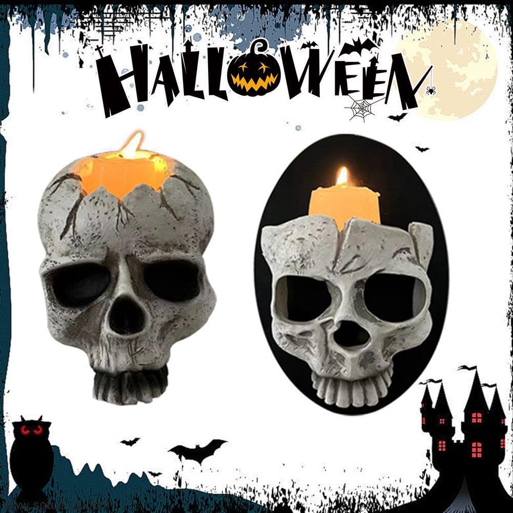 2 Portacandele Teschio Gotico Resina - Decorazione Halloween Parete Mezzo Scheletro