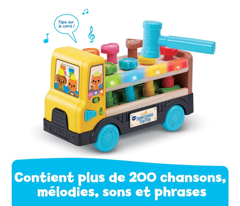 VTech – Lumi Camión Tap Tap, Camión Infantil Hablando y Musical Parcialmente de Madera, Juguete de Despertar y Motricidad Interactivo y Luminoso, Regalo para Bebé a Partir de 18 Meses – Contenido en | Camión de Juguete Interactivo en Parte de Madera, Jueg