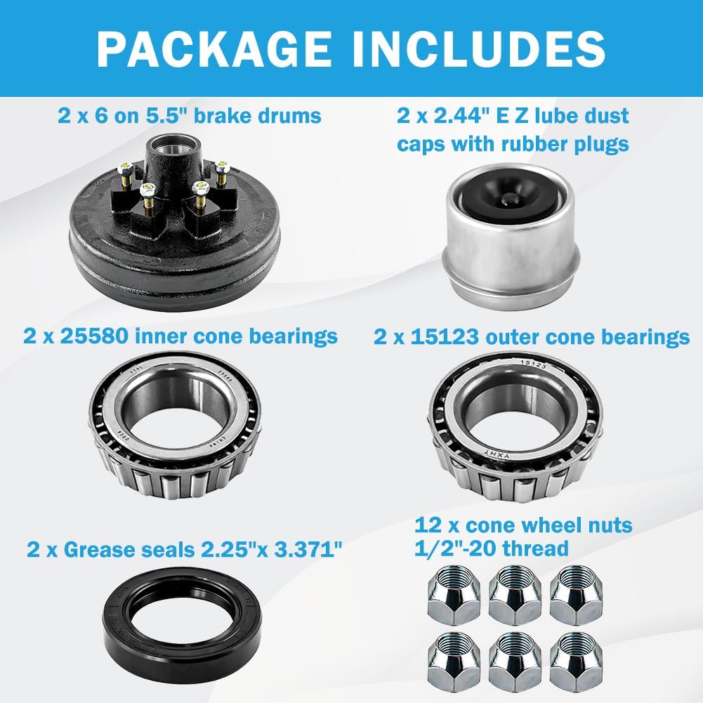6 on 5.5" Trailer Brake Drum 12" x 2" for 5200-6000lbs Axle Hub Heavy Duty 6 Bolt Trailer Brake Hub Drum Kit Replace 008-201-09, 42656-22003K,2 Sets