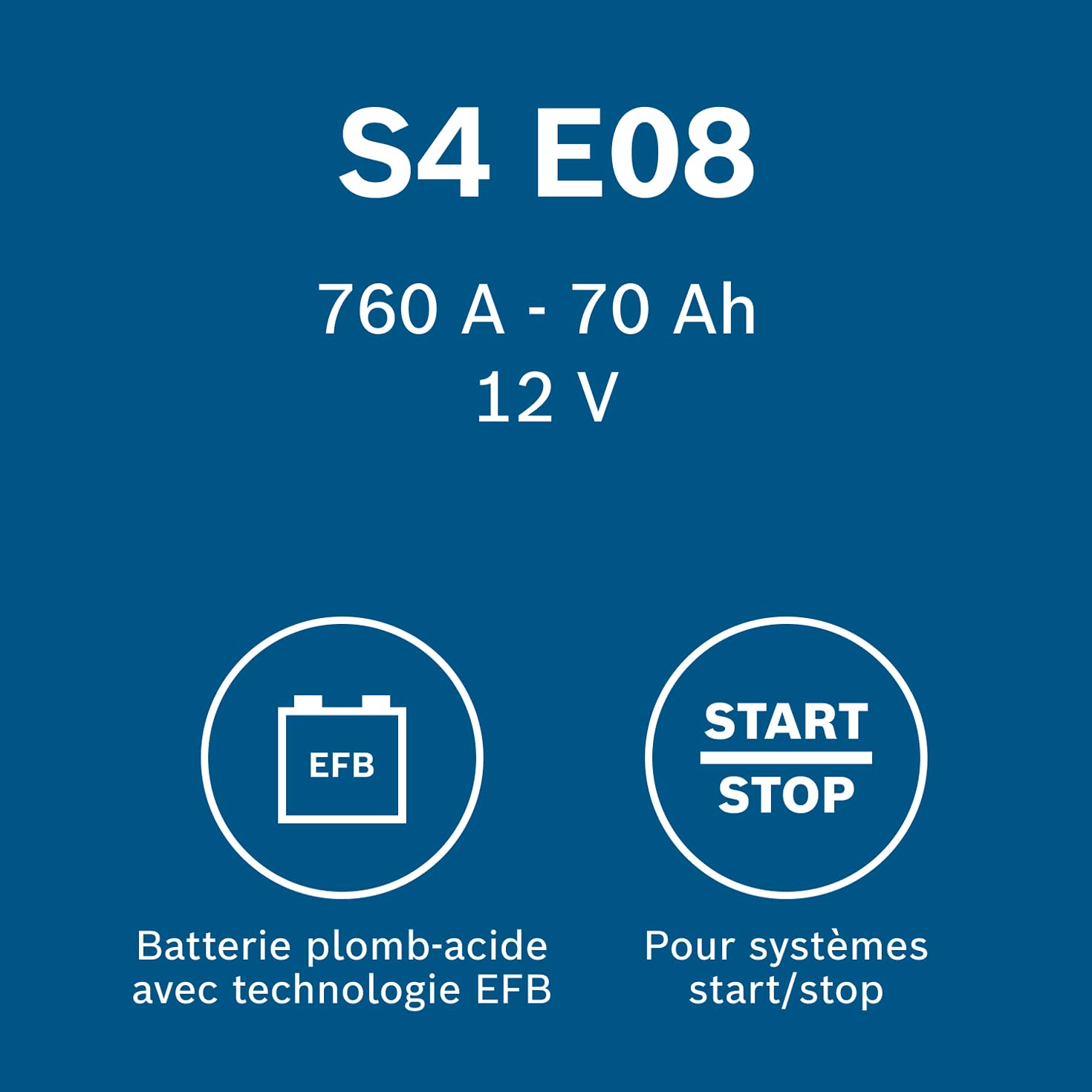 Bosch S4 E08 Batterie Auto 70 A/h - 760 A - Batterie 12 V, EFB Plomb-acide pour Véhicules avec Système Start/Stop, Polarité Gauche (-) Droite (+), 278 x 175 x 190 mm