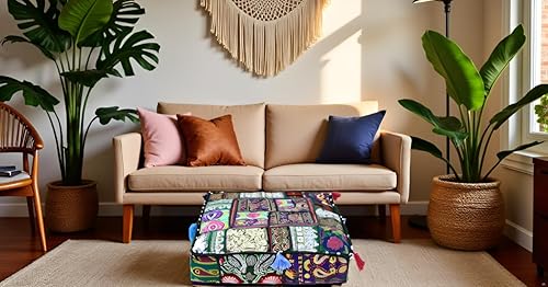 Miniatura 5 de CRAFT KALA Funda de puf tradicional indio de retazos cuadrados indios, pufs decorativos bordados otomanos de diseñador otomano para el hogar, silla,