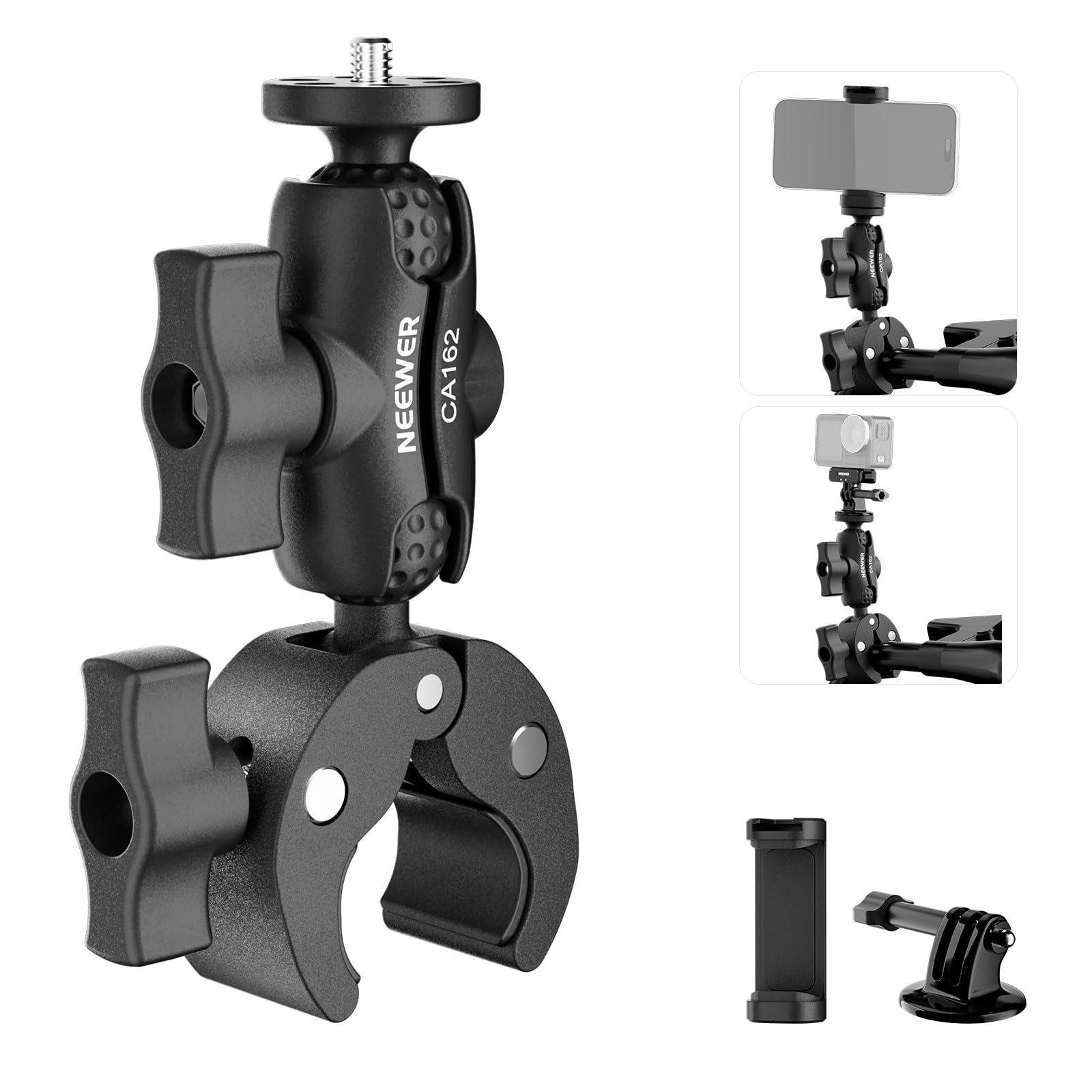 NEEWER Super Clamp Action Camera Mount with 360° Dual Ball Heads, Bike/Bicycle/Motorcycle Handlebar Holder Compatible with iPhone Insta360 DJI OSMO Action GoPro Hero for POV Video Recording, CA162