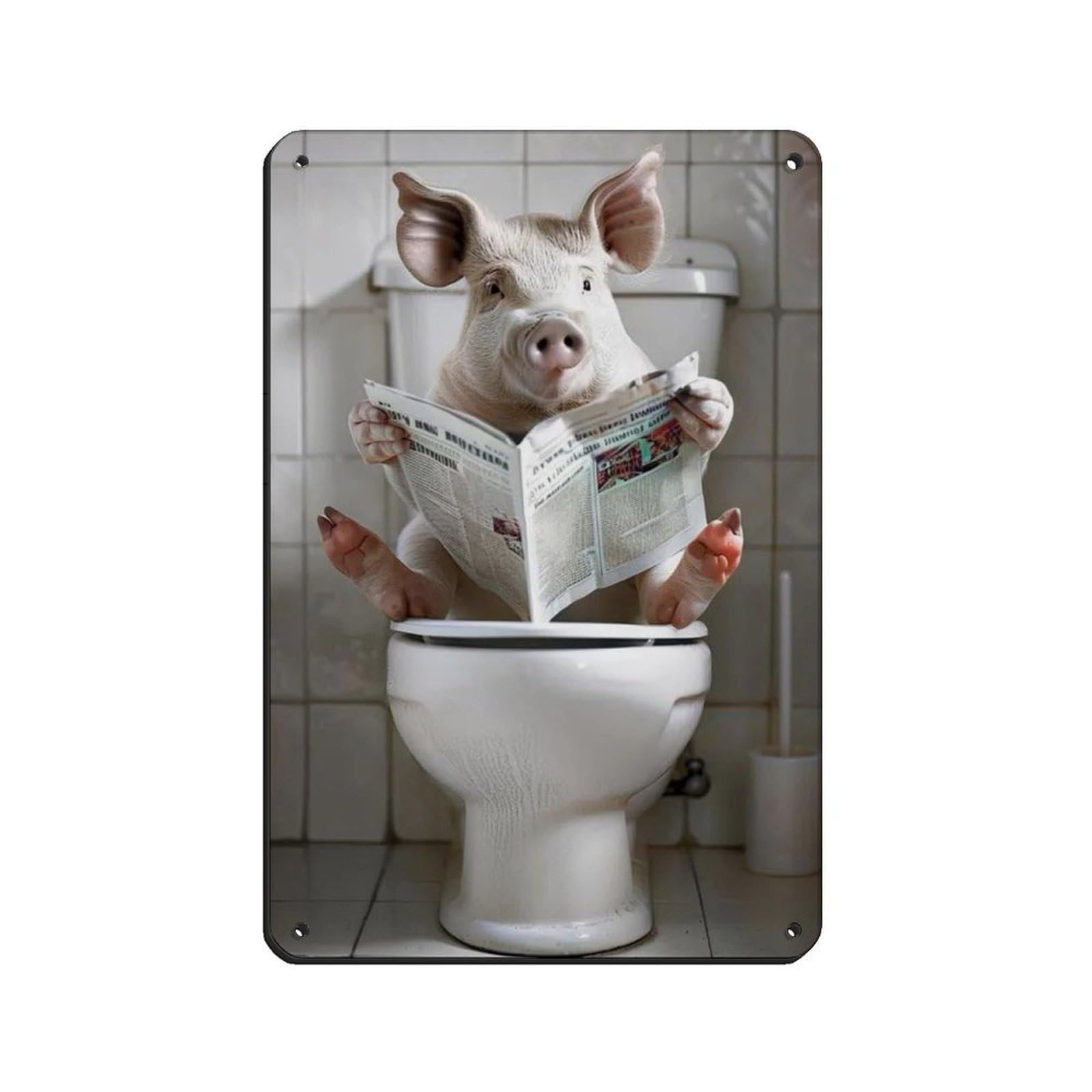 Pig Bathroom Art, Pig on Toilet Reading Newspaper Tin Sign Vintage Metal Pub Club Cafe Bar Home Wall Art Decoration Poster Retro 8x12inch(20x30cm)