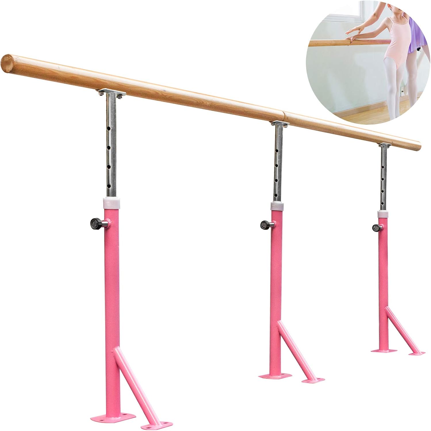 Happybuy 10FT Ballet Barre,Pink Single Bar Ballet Barre, Floor Mount Free Standing