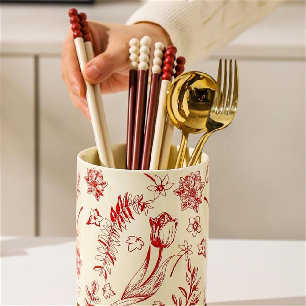 Czarny ceramiczny uchwyt na przybory kuchenne na blat kuchenny - stylowe sztućce z tacą odpływową idealne rozwiązanie do przechowywania przyborów dla domowych kucharzy i kucharzy