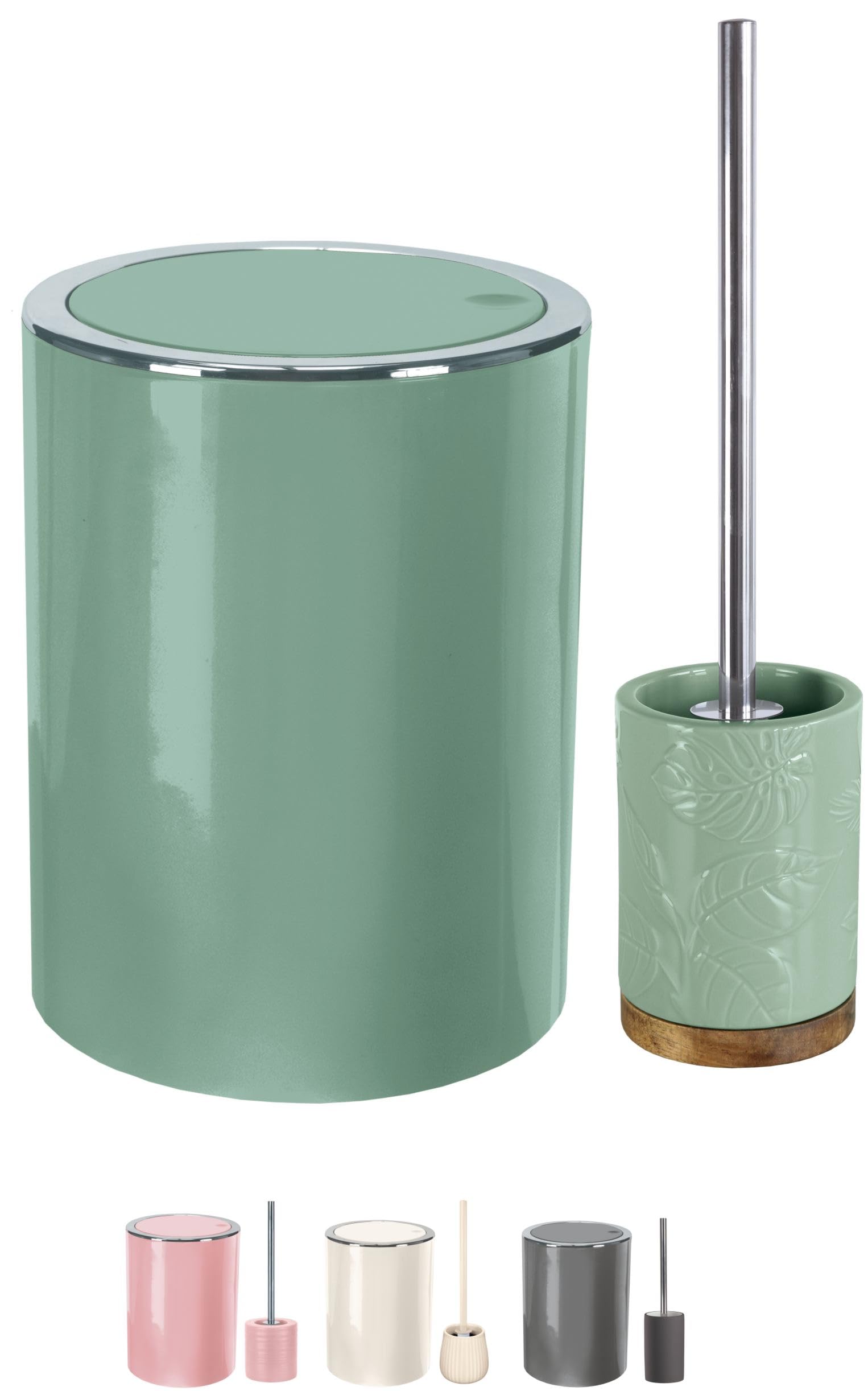 KW Bathroom Swing Bin and Ceramic/Stoneware Toilet Brush Set (Maldives Green)