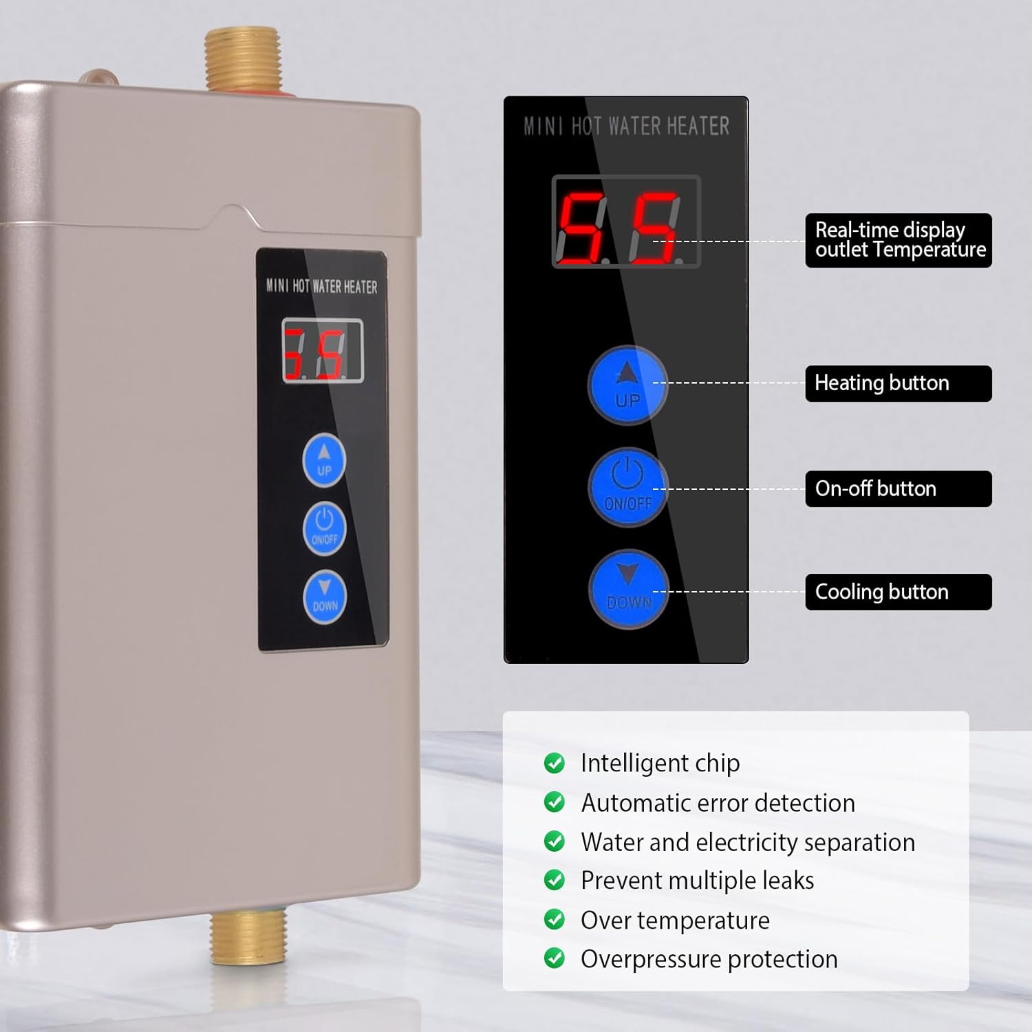 Electric Tankless Water Heater, Small Instant Hot Water Heater for Kitchen Sink, 3000W 110V, With LCD Digital Display (Golden Inverter)
