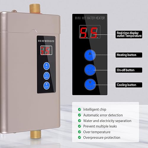Miniatura 5 de Calentador de agua eléctrico sin tanque, pequeño calentador de agua instantáneo para fregadero de cocina, 3000 W 110 V, con pantalla digital LCD