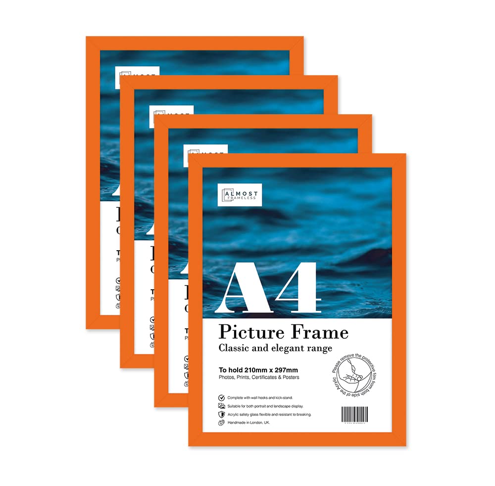 Almost Frameless A4 Orange Picture Frame Set of 4, Display A4 Picture Gallery Wall, Poster, Photo, Artwork, or Print, Orange