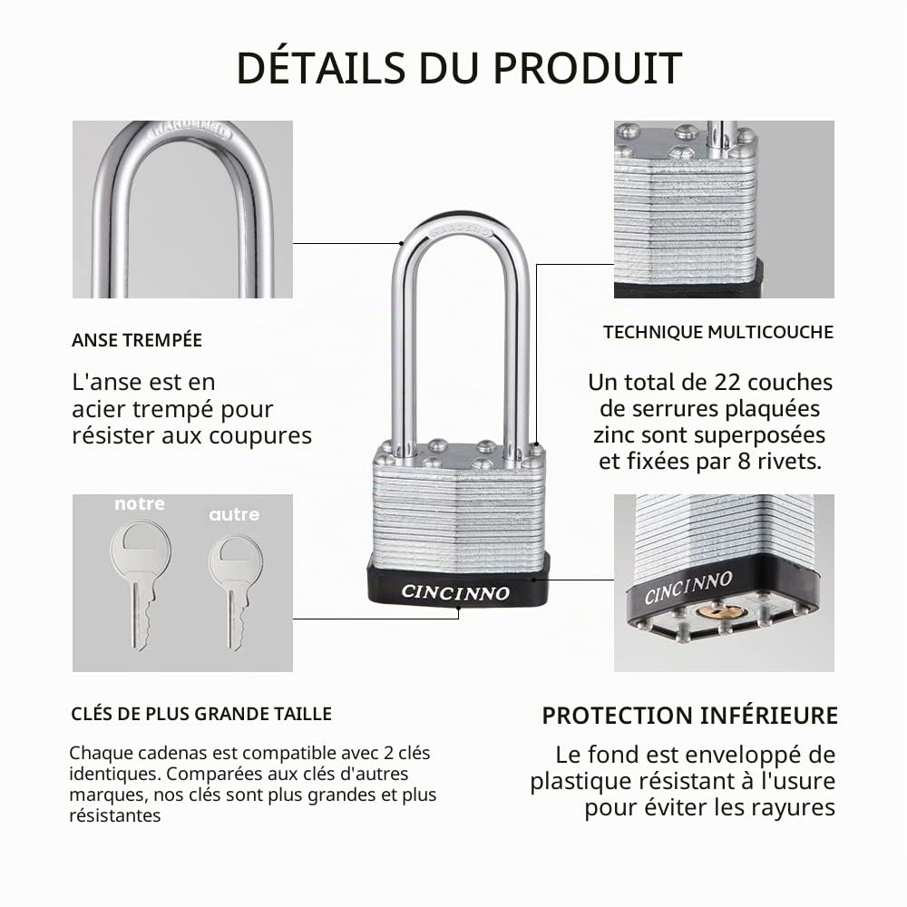 CINCINNO Lot de 6 cadenas laminés robustes avec clés identiques, cadenas à clé de 40 mm de large, anse de 5,1 cm de long avec les mêmes clés