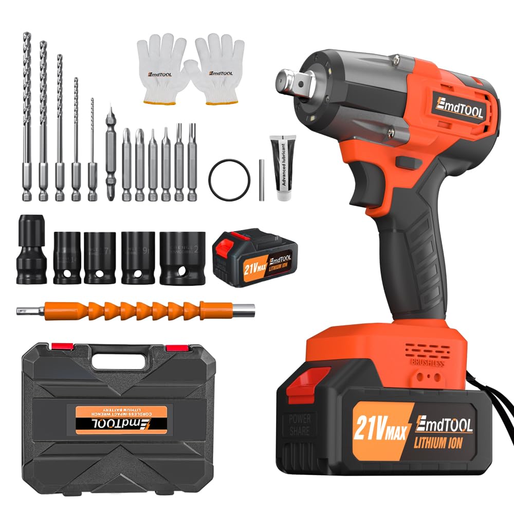 Cordless Impact Wrench 1/2Inch Driver, 550N.m High Torque Brushless Power Impact Gun with 21V/6.0Ah Lithium Battery 2500RPM, 4 Impact Sockets Set, 12PCS Screwdriver Bits, Electric Impact Wrench