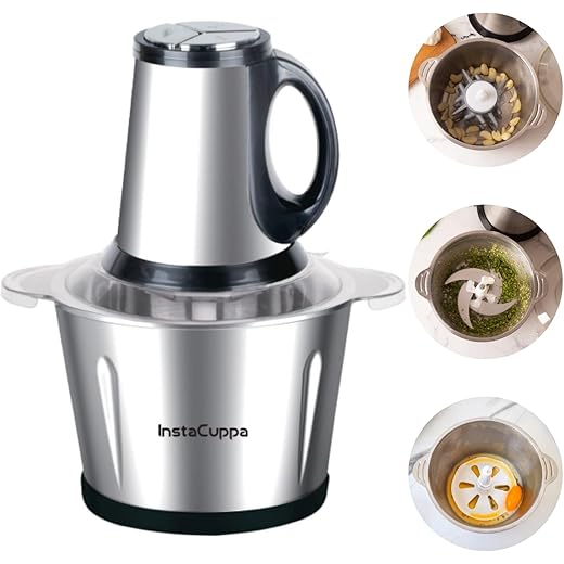 InstaCuppa Electric Chopper for Kitchen Use with 3 Attachments, 2 Litre Stainless Steel Meat Mincer, 300W Vegetable Cutter Machine with Garlic Peeler and Egg Whisker, Carrot Grater for Busy Moms