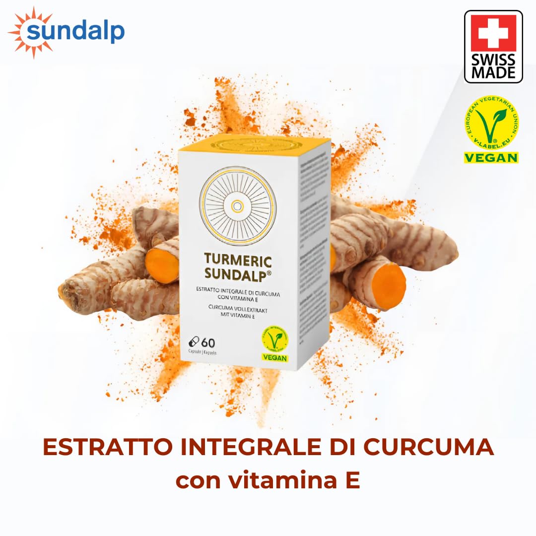 SUNDALP Turmeric | Integratore per Benessere Digestivo e Articolare | Integratore Alimentare con Estratto Integrale di Curcuma Longa e Vitamina E - 60 Capsule