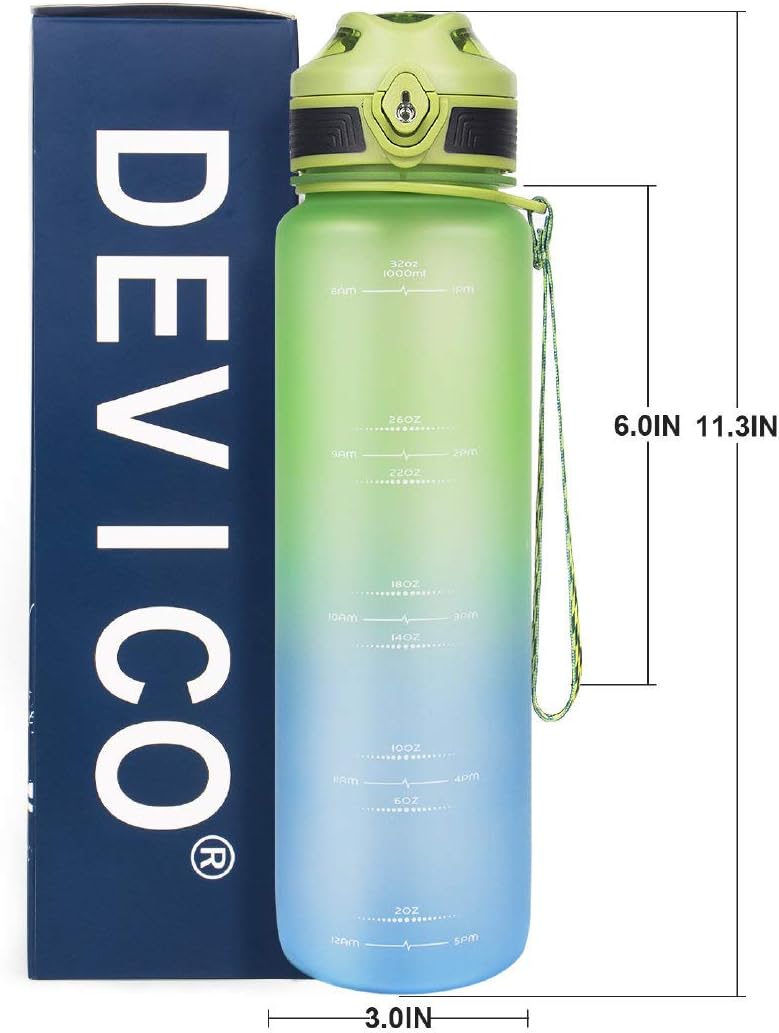 DEVICO 32oz Water Bottle with Time Marker, BPA Free & Frosted Tritan Plastic, Fast Flow & Leak Proof Flip Lid, Best Choice for Cycling, Running, Camping or Office Work
