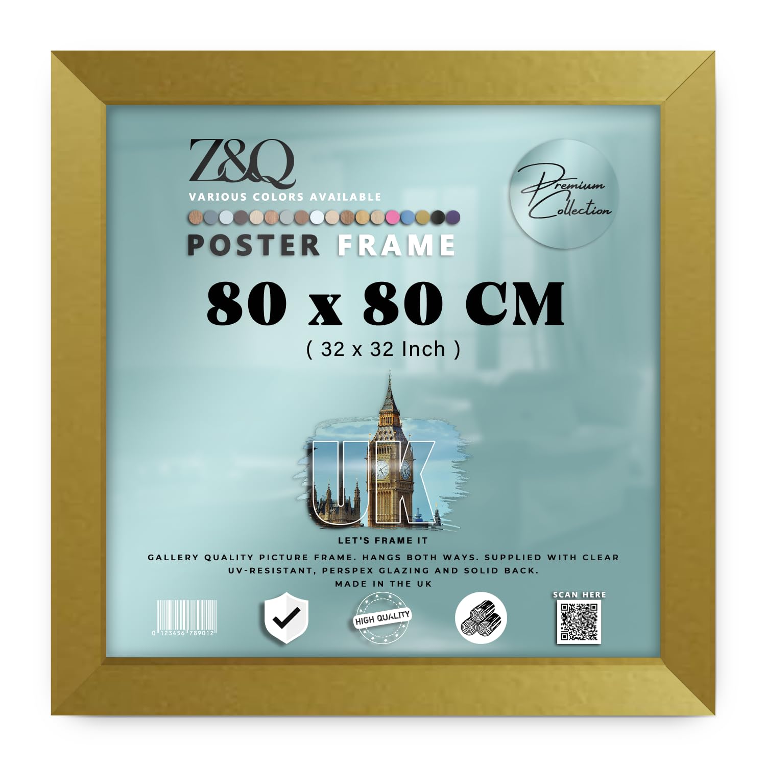 Z&Q | Premium MDF Poster Frame (80 x 80 CM) Sturdy Engineered Wood, Document Holder 32" x 32" Decorative Wall Art Frame, 800 x 800 mm [ Gold ]