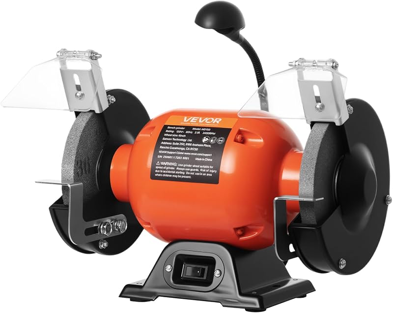 VEVOR Bench Grinder, 6-inch Single Speed Bench Grinder, 3450RPM High-Speed Table Grinders with 250W 2.1A 1/3Hp Induction Motor, 36/60-Grit Grinding Wheels & LED Work Light for Fast Sharpening Grinding
