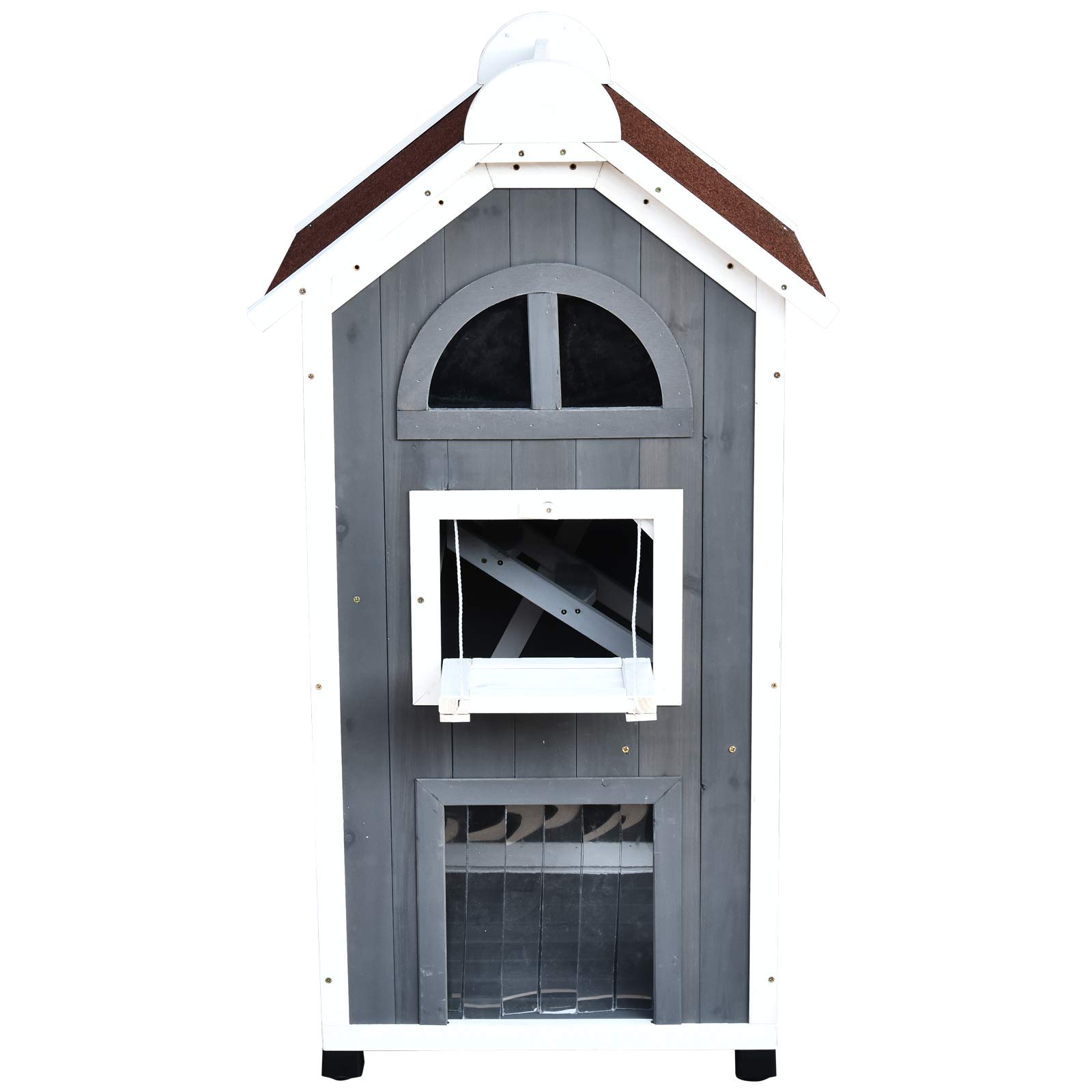 PawHut Katzenhaus für Draußen 2-stöckiges Katzenhaus aus Tannenholz, wetterfest Katzenhütte mit Asphaltdach, Grau, 59 x 55 x 109 cm